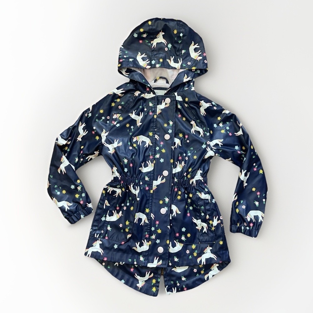 Cat & Jack Girls XS Hooded Unicorn Floral Raincoat Lined Navy Blue See Pictures